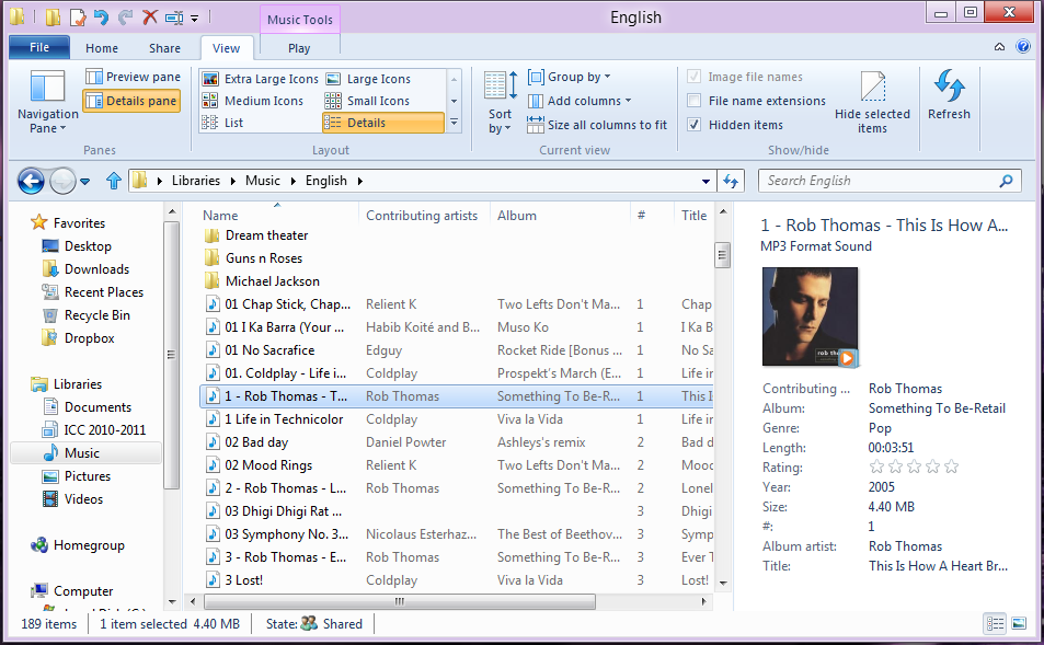 Windows 8 Explorer showing music