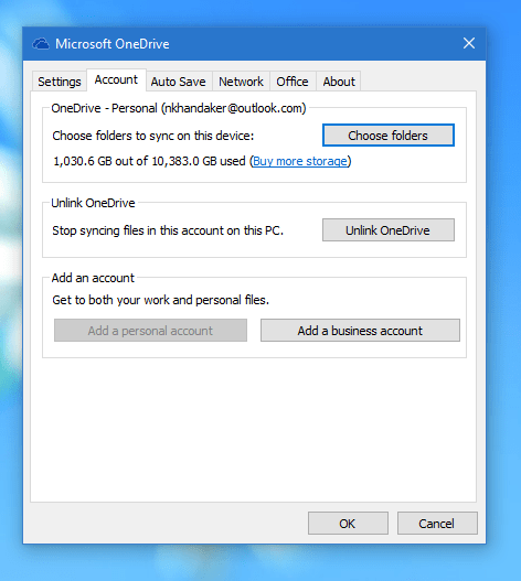 OneDrive Sync Lient settings dialog