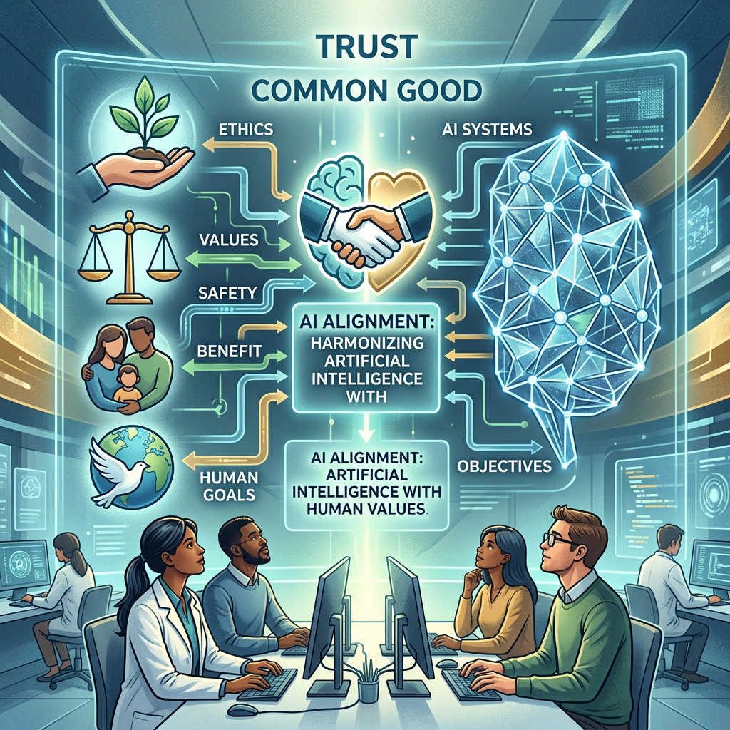 Diagram text reads “TRUST,” “COMMON GOOD,” “ETHICS,” “AI SYSTEMS,” “VALUES,” “SAFETY,” “BENEFIT,” “HUMAN GOALS,” “OBJECTIVES,” and “AI ALIGNMENT: ARTIFICIAL INTELLIGENCE WITH HUMAN VALUES,” with a handshake, brain, family, scales, and researchers.